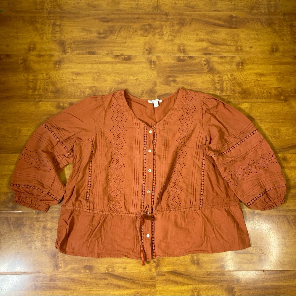 CATO Eyelet Boho Peasant Burnt Orange embroidered Tassel Top Tie Waist Size XL